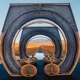 a picture with three wooden balls in the center