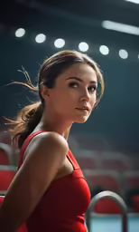 a beautiful young woman in a red dress is posing for the camera