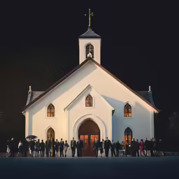 a crowd of people standing around a small white church