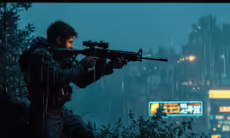 a man aims at something in the rain