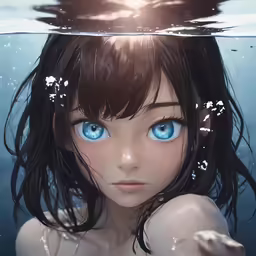 a girl with blue eyes submerged in the ocean