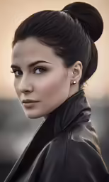a woman with dark hair and an ear ring