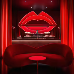 a red room with two couches, and chairs, a table with an umbrella and drinks behind it, red curtains and a stage with a red curtain and red light