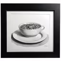 a black and white photo of a bowl and saucer