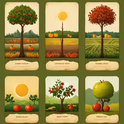 a set of eight pictures of an orange tree,apple tree cards with an image of apples and leaves on them