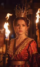 a young woman dressed up in a costume with flames