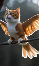 a cat sitting on top of a tree branch with wings