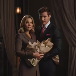 a young man holding onto a woman wrapped in brown paper