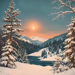 the sun sets in a snowy mountain forest