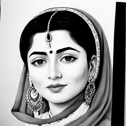 black and white drawing of a woman wearing a headscarf