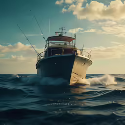 a fishing boat sails in rough waters against the backdrop of clouds