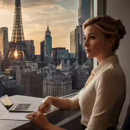 a woman looking out the window at the city