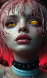 a woman with bright yellow eyes is wearing a choker