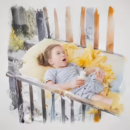 a small girl is laying down in a swing