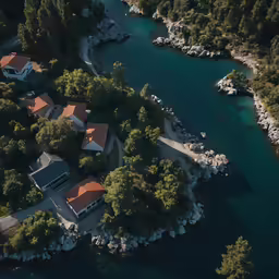 an aerial view of several homes by a river