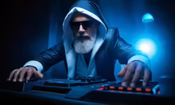 a man dressed in a hooded suit and sunglasses mixing music with a sound board