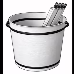 a white bucket holding two black and white toothbrushes