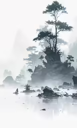 this photo has a tree in the fog