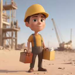 a little boy wearing a hard hat and holding briefcases