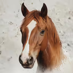 a brown and white horse standing in snow covered ground