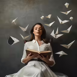 a woman in white dress sitting on chair under paper cranes