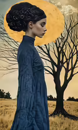 a woman standing in front of a tree and a tree trunk