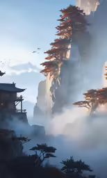 a scenic image of a house on a mountain