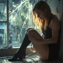 a woman is sitting on the floor looking at her phone