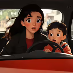 a couple of people in a car with one child