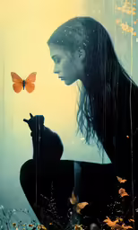 a young woman holding an orange cat while a butterfly hovers nearby
