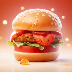 a burger with chicken, tomatoes and lettuce on a bun