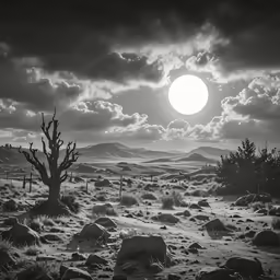 black and white photograph of a desert with a tree in the foreground