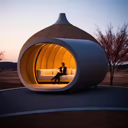 a person sitting in the light of a round couch