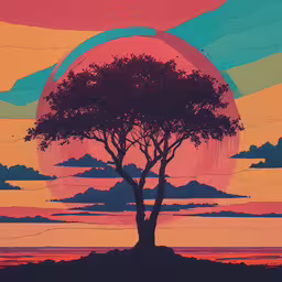 the painting is done in a technique that is striking,a painting of a sunset with the sun setting