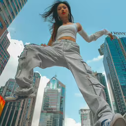 a woman wearing grey clothing posing in the city,a model in a white top and jeans is posed on a ledge