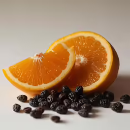 two halves of an orange are seen with blackberries