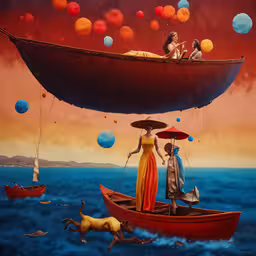 painting of a woman and two men in a boat as the sail is full of balloons,three people stand in a boat under floating balls