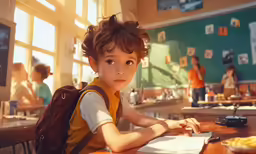 a young child with a backpack sitting at a table and writing