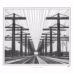a line of power lines, with the sky in the background