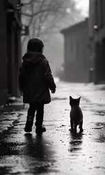 the little boy walks behind a small dog down the street