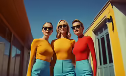 three women in colorful clothing stand in front of a building
