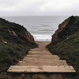 an open path in a grassy area leading into the ocean
