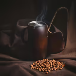 a cup filled with hot chocolate beans sitting on top of a cloth