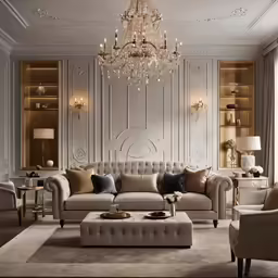 the sofa is upholstered and sitting by the tables