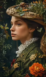 a woman with a green dress and hat standing in a field