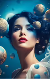 an attractive woman surrounded by bubbles in the air