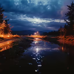 a view of a river during twilight with streetlights