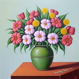 a painting of a green vase with pink and yellow flowers,a painting of flowers in a green vase