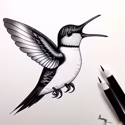 the drawing of the hummingbird with wings is black and white,this is a drawing of a hummingbird with its wings extended