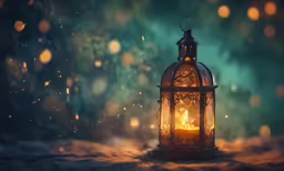 an old fashioned lantern is set on a table with snow falling around